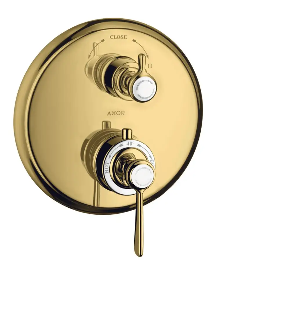 Thermostat für Dusche mit Hebelgriff und Ab-Umstellventil in polierter Goldoptik, ausgestattet mit AXOR Logo zur Steuerung der Wassertemperatur und -abnahme.